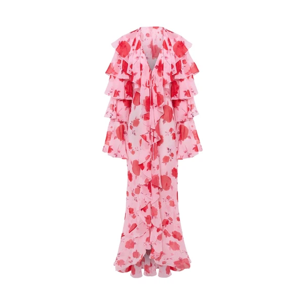 Rasario Printed chiffon maxi gown with flounces and ties in Pink
