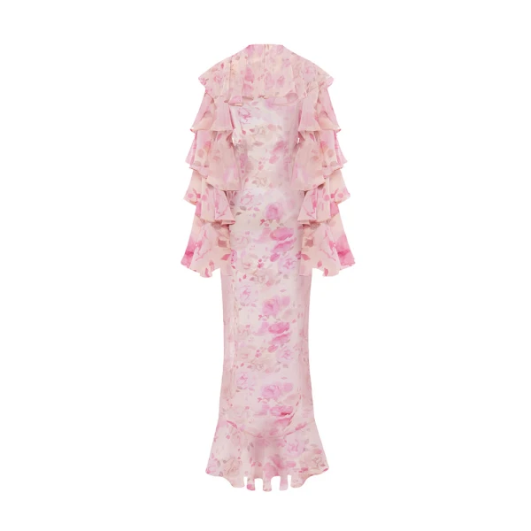 Rasario Printed chiffon maxi gown with flounces and ties in Powder, view 3