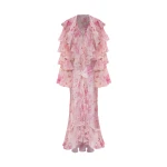 Rasario Printed chiffon maxi gown with flounces and ties in Powder