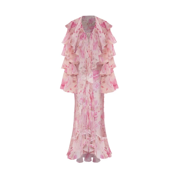 Rasario Printed chiffon maxi gown with flounces and ties in Powder