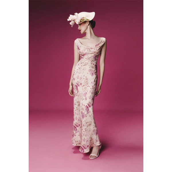 Rasario Printed satin draped maxi dress in Powder, view 2