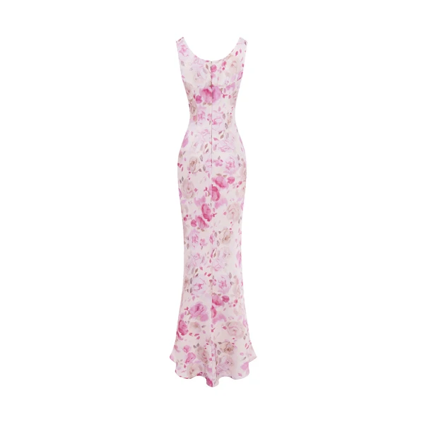 Rasario Printed satin draped maxi dress in Powder, view 4