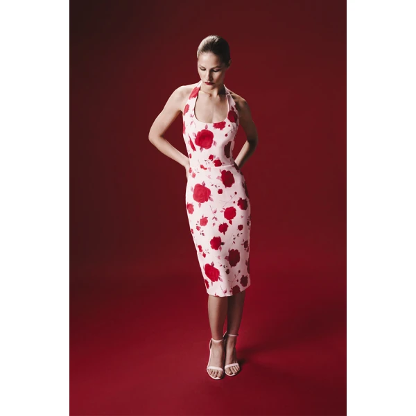 Rasario Printed satin midi dress in Pink, view 2