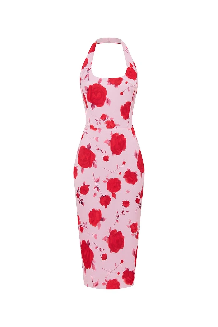 Rasario Printed satin midi dress in Pink