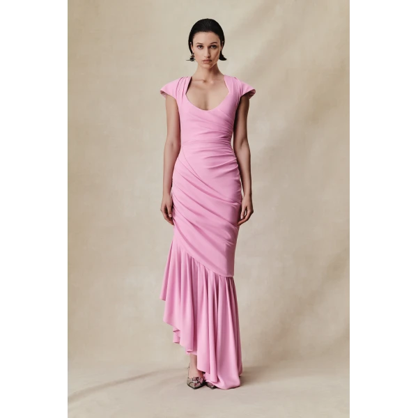 Rasario Viscose crepe asymmetric maxi dress with draping in Light Pink, view 2