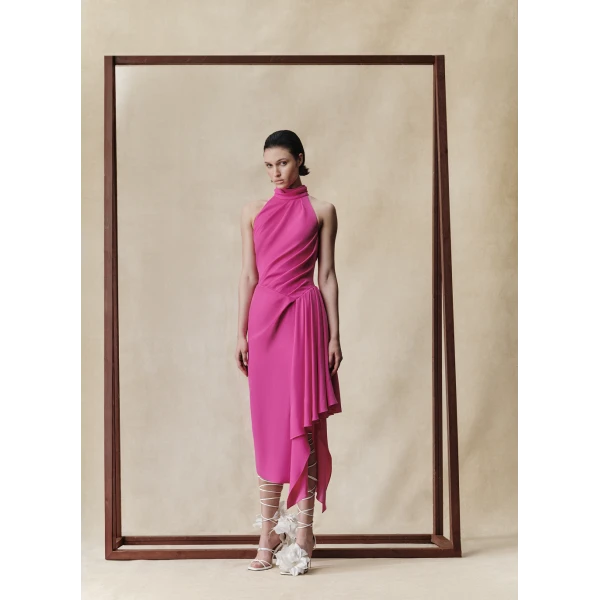 Rasario Viscose crepe midi dress with draping in Pink, view 3