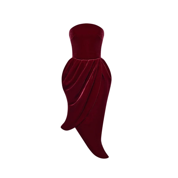 Rasario Asymmetrical velvet corset midi dress in Burgundy