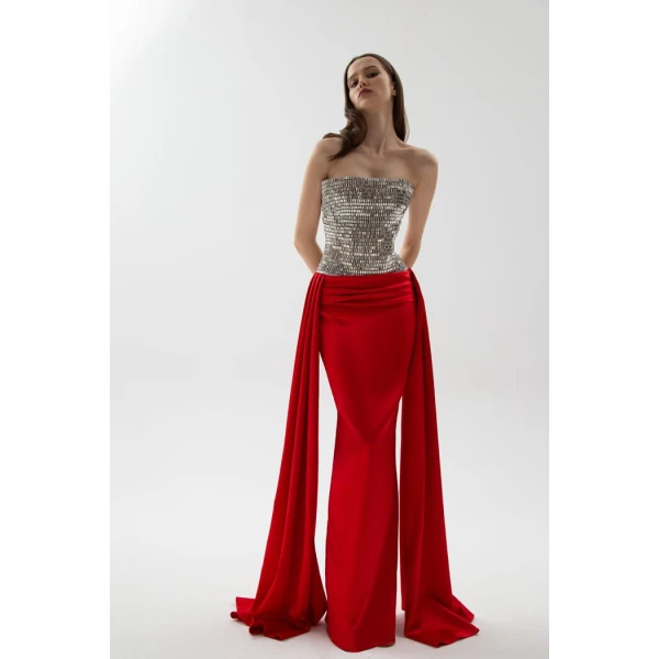 Rasario Crystal embellished corset satin dress with a train in Red, view 2