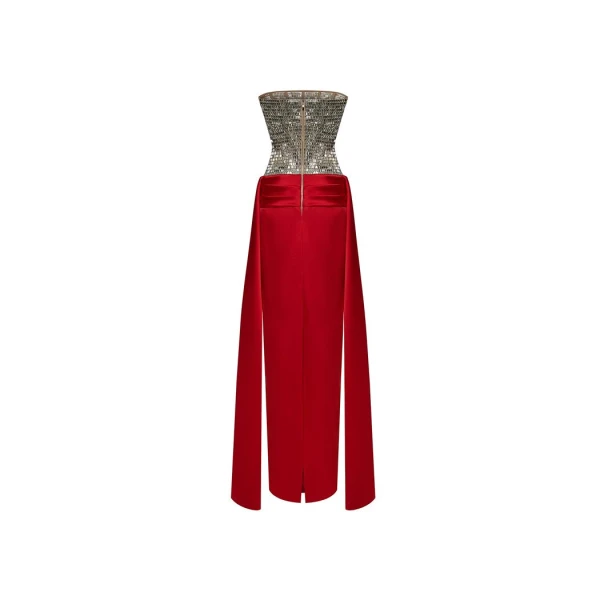 Rasario Crystal embellished corset satin dress with a train in Red, view 3