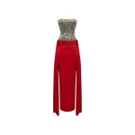 Rasario Crystal embellished corset satin dress with a train in Red