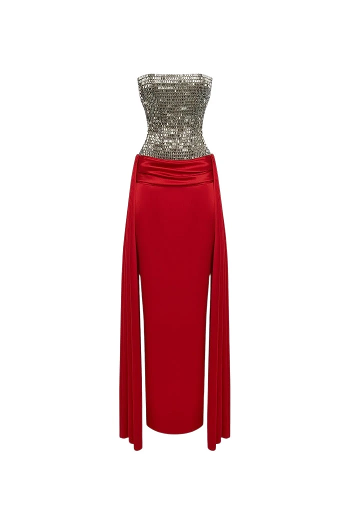 Rasario Crystal embellished corset satin dress with a train in Red