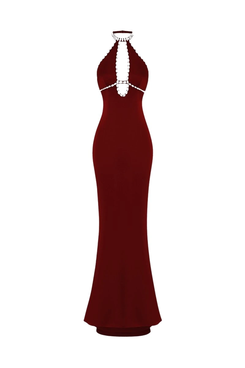 Rasario Crystal-embellished satin maxi dress with cutout in Burgundy