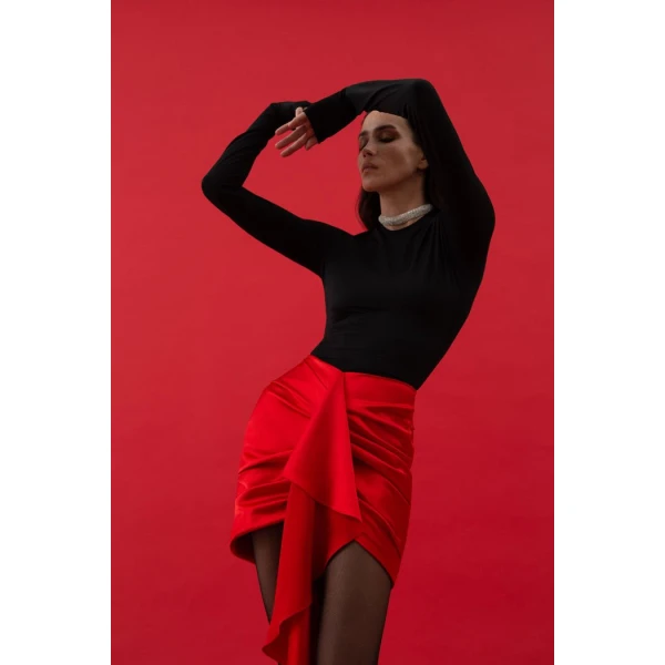 Rasario Draped satin and biflex mini dress with a train in Black-Red, view 2