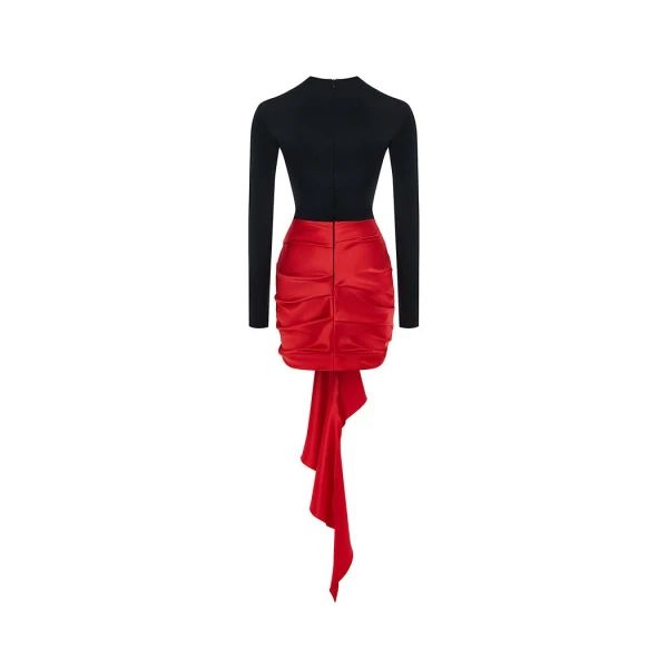Rasario Draped satin and biflex mini dress with a train in Black-Red, view 3