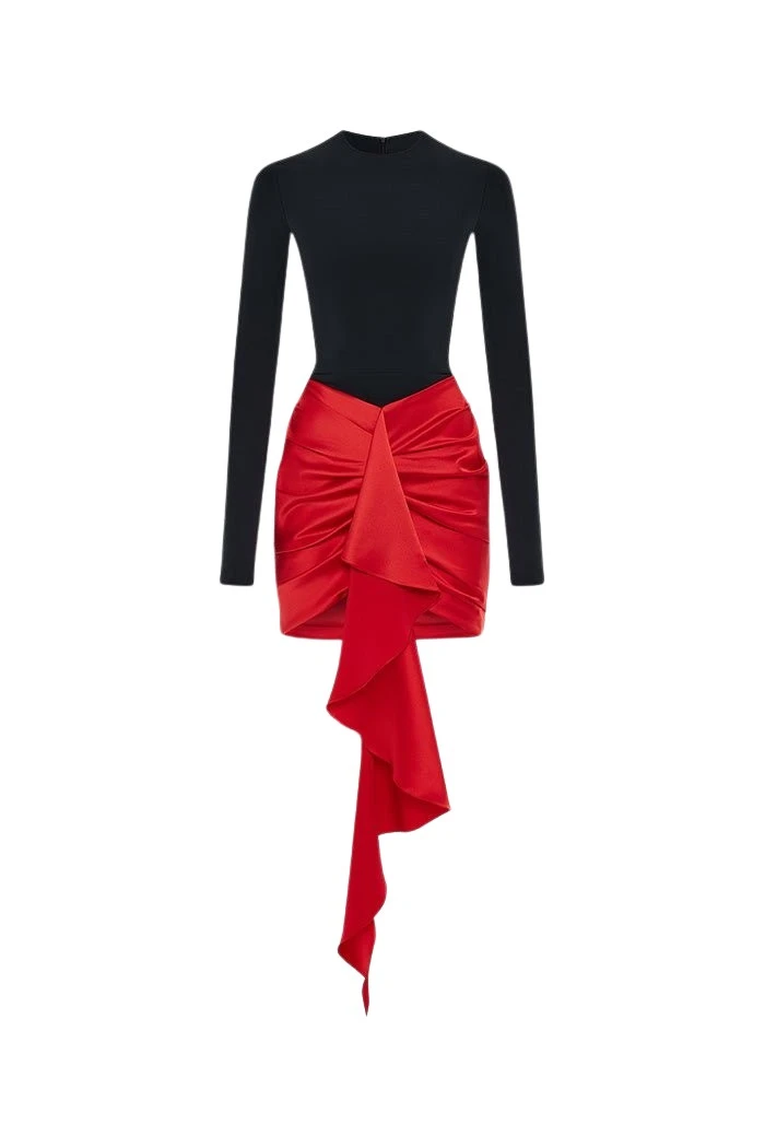 Rasario Draped satin and biflex mini dress with a train in Black-Red