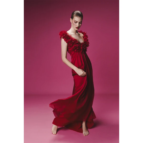 Rasario Draped silk chiffon dress with flowers and train in Red, view 2