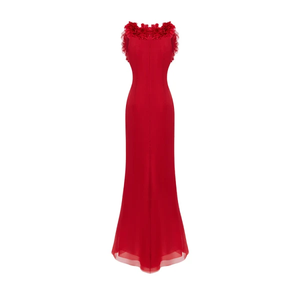 Rasario Draped silk chiffon dress with flowers and train in Red, view 3
