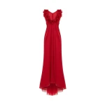 Rasario Draped silk chiffon dress with flowers and train in Red