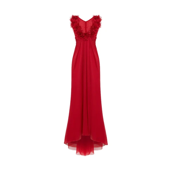 Rasario Draped silk chiffon dress with flowers and train in Red
