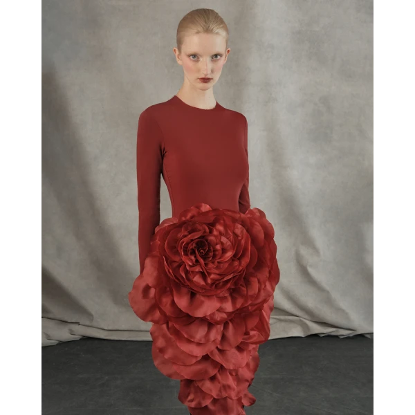 Rasario Knit midi dress with a silk organza flower in Burgundy, view 3