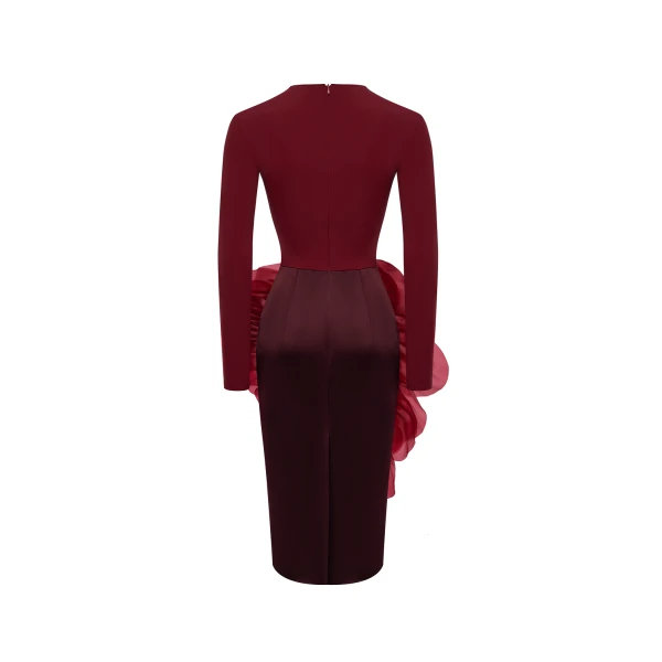 Rasario Knit midi dress with a silk organza flower in Burgundy, view 4