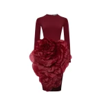 Rasario Knit midi dress with a silk organza flower in Burgundy