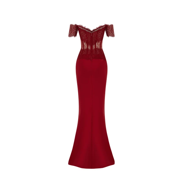 Rasario Lace and satin corset maxi dress in Burgundy, view 3