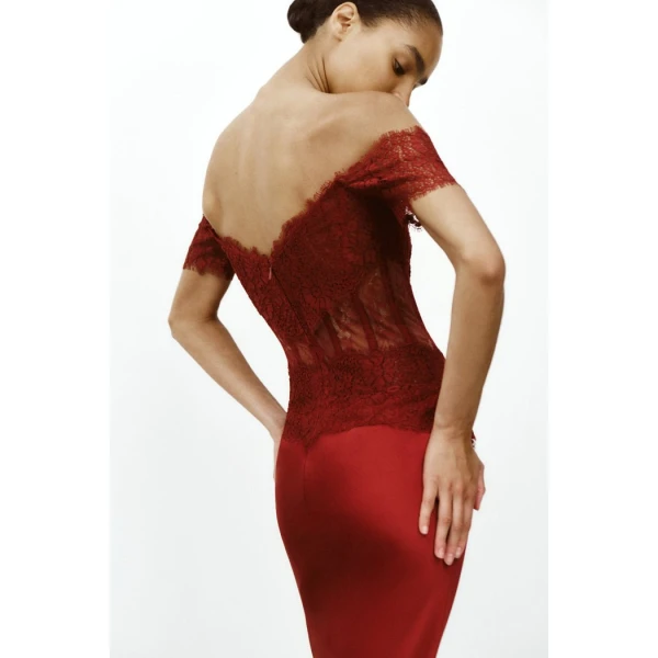 Rasario Lace and satin corset maxi dress in Burgundy, view 4