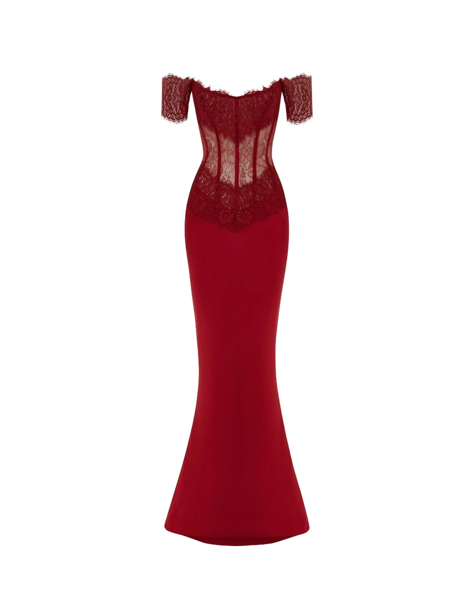 Rasario Lace and satin corset maxi dress in Burgundy
