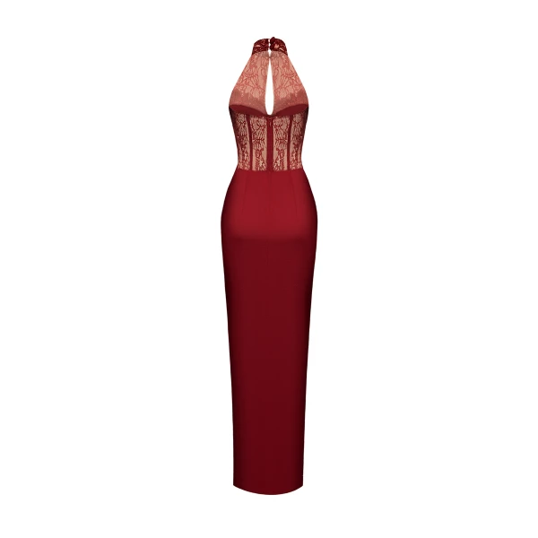 Rasario Lace and satin long midi dress in Burgundy, view 3