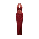 Rasario Lace and satin long midi dress in Burgundy