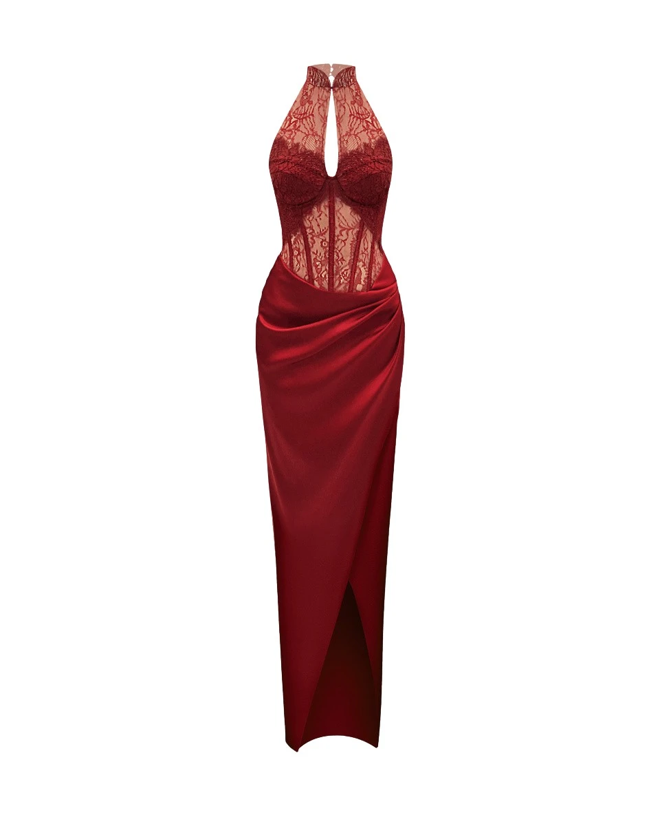 Rasario Lace and satin long midi dress in Burgundy