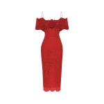 Rasario Lace midi dress with a flower in Red