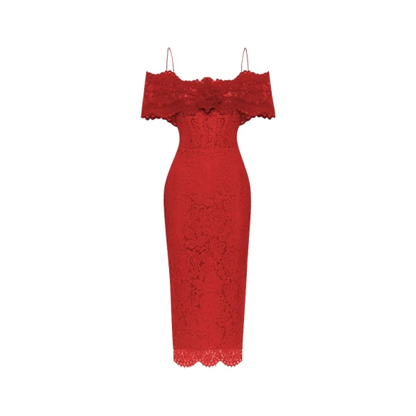 Rasario Lace midi dress with a flower in Red