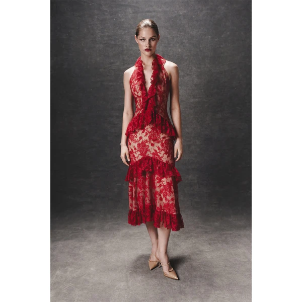 Rasario Lace midi dress with ruffles in Red, view 2