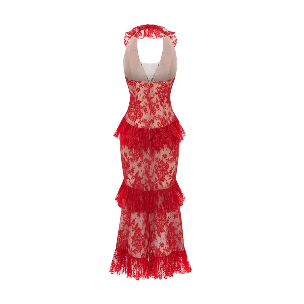 Rasario Lace midi dress with ruffles in Red, view 3