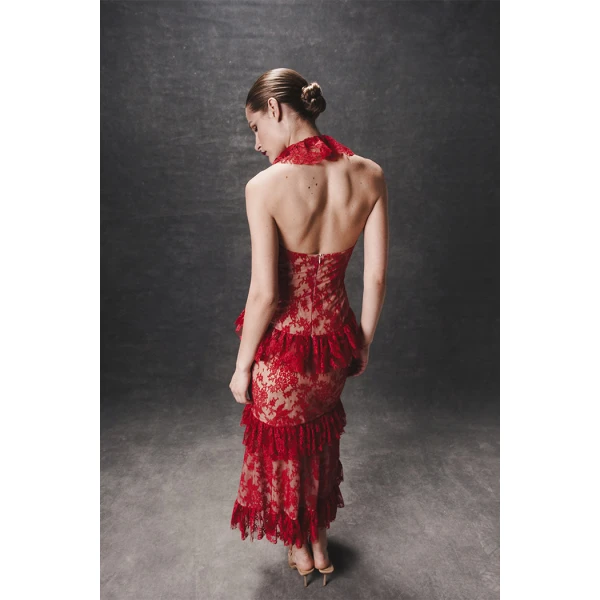 Rasario Lace midi dress with ruffles in Red, view 4
