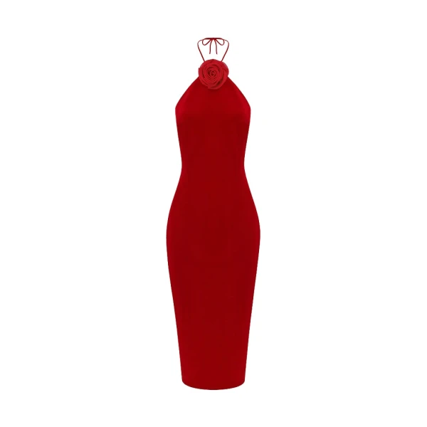 Rasario Midi velvet dress with a flower in Red