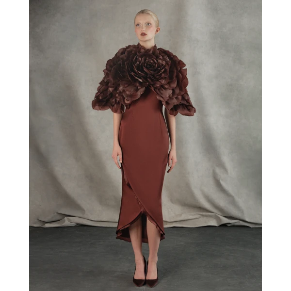 Rasario Satin and silk organza midi dress in Burgundy, view 2