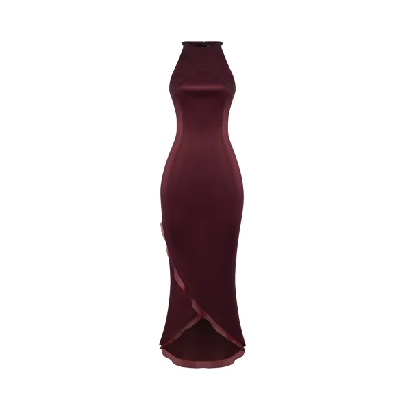 Rasario Satin and silk organza midi dress in Burgundy