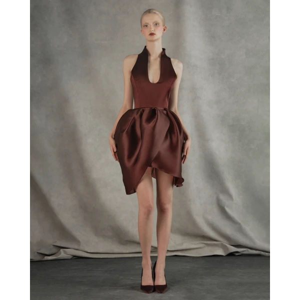 Rasario Satin and silk organza mini dress in Burgundy, view 2