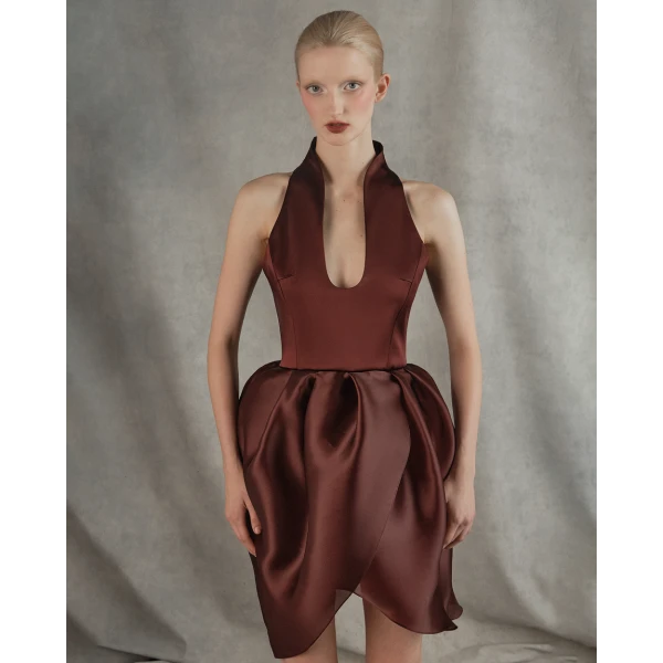 Rasario Satin and silk organza mini dress in Burgundy, view 3