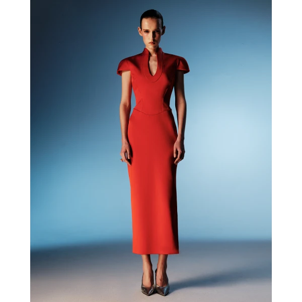 Rasario Satin midi dress with a side slit in Red, view 2