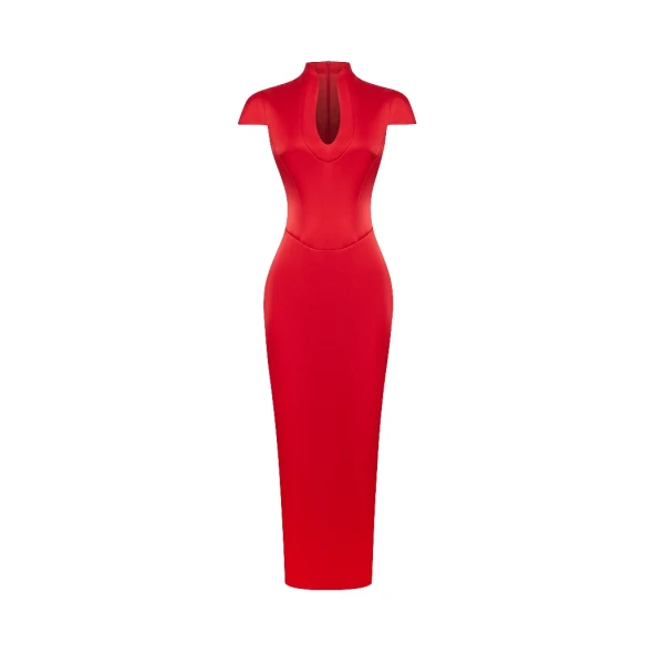 Rasario Satin midi dress with a side slit in Red