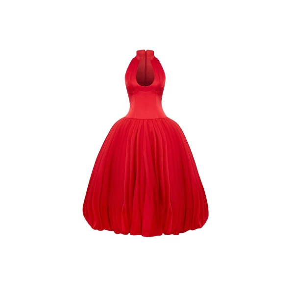 Rasario Satin midi dress with a voluminous taffeta skirt in Red