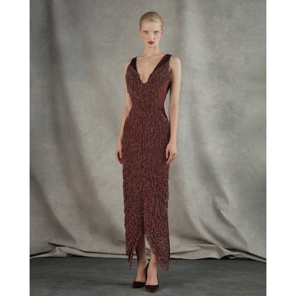Rasario Satin midi dress with fringe trim in Burgundy, view 2