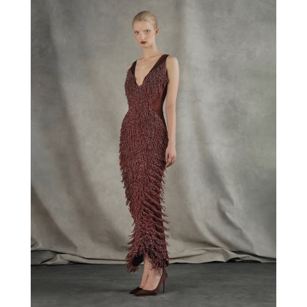 Rasario Satin midi dress with fringe trim in Burgundy, view 3