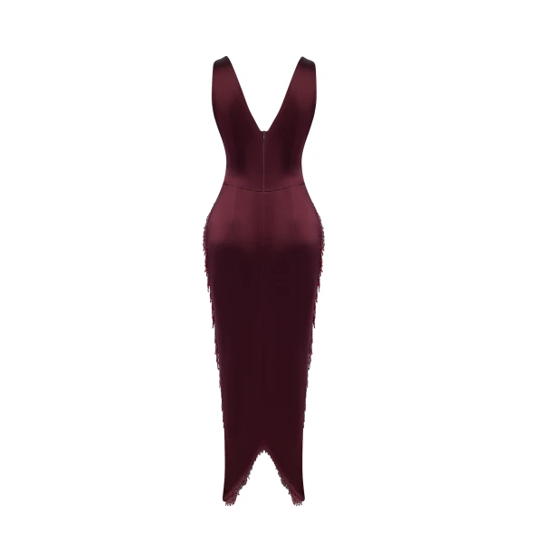 Rasario Satin midi dress with fringe trim in Burgundy, view 4