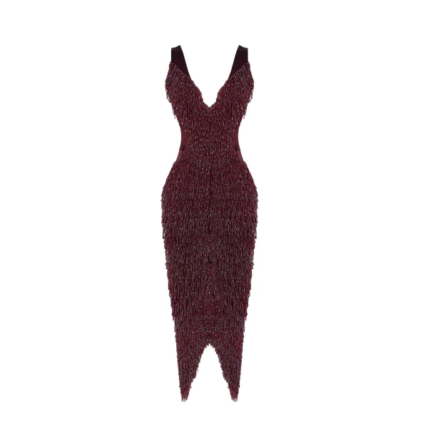 Rasario Satin midi dress with fringe trim in Burgundy