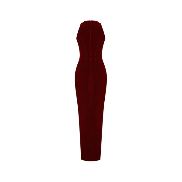 Rasario Velvet draped midi dress with a side slit in Burgundy, view 3